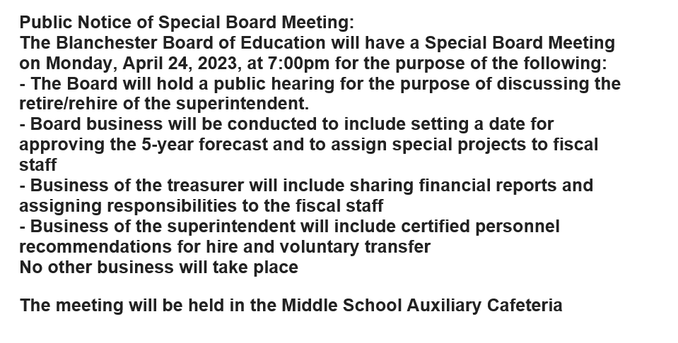 Public Notice of Special Board Meeting
